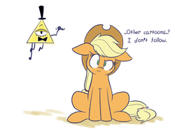 Size: 2000x1500 | Tagged: safe, artist:heir-of-rick, applejack, pony, g4, ama, bill cipher, colored sketch, confused, crossover, dialogue, floppy ears, gravity falls, male, sitting