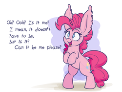 Size: 2000x1500 | Tagged: safe, artist:heir-of-rick, pinkie pie, earth pony, pony, g4, ama, colored sketch, cute, dialogue, diapinkes, female, impossibly large ears, rearing, solo
