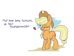 Size: 2000x1500 | Tagged: safe, artist:heir-of-rick, applejack, earth pony, pony, g4, ama, dialogue, female, heart, mare, one eye closed, raised hoof, simple background, solo, white background, wink