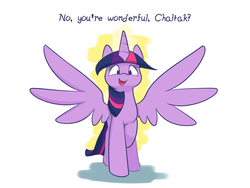 Size: 2000x1500 | Tagged: safe, artist:heir-of-rick, twilight sparkle, alicorn, pony, g4, abstract background, ama, dialogue, female, mare, open mouth, solo, spread wings, twilight sparkle (alicorn), wings