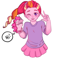Size: 1402x1286 | Tagged: safe, artist:yuuriseros, pinkie pie, oc, oc only, oc:honeycrisp blossom, equestria girls, g4, cute, female, offspring, one eye closed, parent:big macintosh, parent:princess cadance, parents:cadmac, peace sign, ponytail, simple background, sock puppet, solo, white background