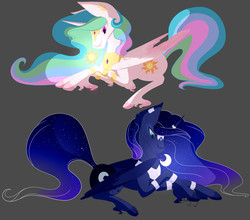 Size: 2356x2072 | Tagged: safe, artist:twigpony, princess celestia, princess luna, alicorn, pony, g4, crescent moon, duo, female, gray background, high res, mare, moon, prone, royal sisters, simple background, sisters, sun, unshorn fetlocks