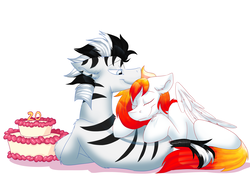 Size: 5420x3834 | Tagged: safe, artist:hoof34, oc, oc only, oc:hotfix, oc:ziggy, pegasus, pony, zebra, absurd resolution, birthday, cake, food, gay, male, oc x oc, shipping, snuggling