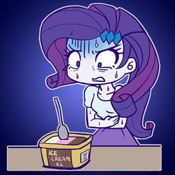 Size: 500x499 | Tagged: safe, artist:uotapo, rarity, equestria girls, g4, cute, female, food, ice cream, neapolitan, solo, stomach ache, sweat, this will end in diarrhea