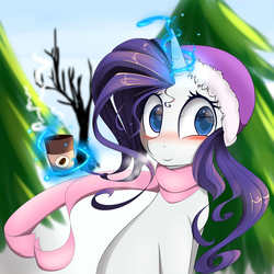 Size: 3000x3000 | Tagged: safe, artist:posionjoke, rarity, pony, unicorn, g4, blushing, coffee, cup, cute, female, hat, high res, levitation, magic, simple background, smiling, solo, steam, telekinesis, winter