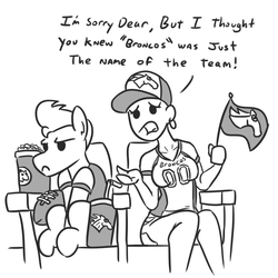 Size: 674x674 | Tagged: safe, artist:jargon scott, oc, oc only, oc:horsey husband, oc:human wifey, earth pony, human, pony, american football, chair, denver broncos, dialogue, drink, female, flag, food, grayscale, human female, monochrome, nfl, open mouth, parody, popcorn, simple background, sitting, upset, white background