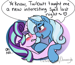 Size: 1024x887 | Tagged: safe, artist:jen-neigh, starlight glimmer, trixie, pony, unicorn, g4, bedroom eyes, blushing, dialogue, female, floppy ears, heart, lesbian, looking at each other, mare, ship:startrix, shipping, shrunken pupils, smiling, this will end in snu snu and/or tears