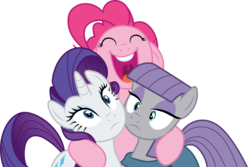 Size: 4489x3001 | Tagged: safe, artist:cloudy glow, maud pie, pinkie pie, rarity, earth pony, pony, unicorn, g4, the gift of the maud pie, cloud, eyes closed, female, high res, hug, mare, simple background, transparent background, trio, vector