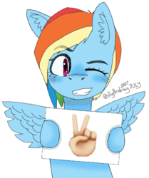 Size: 375x449 | Tagged: safe, artist:itzdatag0ndray, rainbow dash, pony, g4, cute, ear fluff, emoji, emoticon, female, one eye closed, peace sign, sign, simple background, smiling, solo, white background, wink