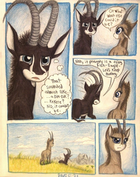 Size: 1080x1372 | Tagged: safe, artist:thefriendlyelephant, oc, oc only, oc:sabe, oc:uganda, antelope, giant sable antelope, comic:sable story, africa, animal in mlp form, confused, horns, mountain, savanna, speech bubble, thought bubble, traditional art