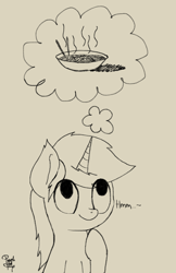 Size: 800x1232 | Tagged: safe, artist:php142, oc, oc only, oc:purple flix, pony, cute, doodle, food, monochrome, noodles, simple background, solo, thinking