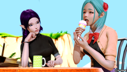 Size: 1920x1080 | Tagged: safe, artist:theextraguy, coco pommel, rarity, human, g4, 3d, bow, chair, clothes, elf ears, female, food, honey select, humanized, ice cream, licking, mug, open mouth, raised eyebrow, sitting, table, tongue out, unicorns as elves