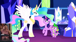 Size: 854x480 | Tagged: safe, edit, edited screencap, screencap, princess celestia, spike, twilight sparkle, alicorn, dragon, pony, celestial advice, g4, crown, flowing mane, horn, jewelry, regalia, smiling, twilight sparkle (alicorn), wings, youtube link