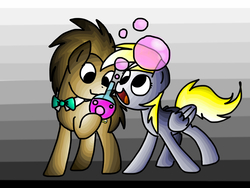 Size: 1024x768 | Tagged: safe, artist:andromedasparkz, derpy hooves, doctor whooves, time turner, earth pony, pegasus, pony, g4, beaker, bubble, duo, excited, female, gradient background, happy, hoof hold, male, mare, stallion