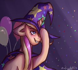 Size: 1000x900 | Tagged: safe, artist:lovelyheartmlp, oc, oc only, oc:magical confetti, pony, unicorn, balloon, female, hat, mare, solo