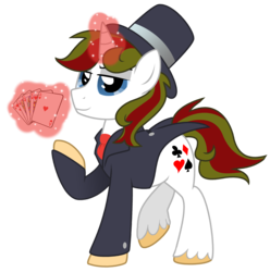 Size: 3717x3752 | Tagged: safe, artist:lostinthetrees, oc, oc only, oc:trickshot, pony, unicorn, card, clothes, hat, high res, magic, male, raised leg, simple background, solo, stallion, suit, top hat, transparent background