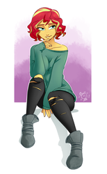 Size: 1600x2600 | Tagged: safe, artist:ponut_joe, sunset shimmer, human, equestria girls, g4, abstract background, adorasexy, alternate hairstyle, beautiful, beautisexy, clothes, cute, female, freckles, hand on chin, leggings, off shoulder, peppered bacon, ripped pantyhose, sexy, shimmerbetes, shoes, short hair, smiling, smirk, solo, sweatshirt, uggs