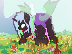 Size: 1600x1200 | Tagged: safe, artist:timidwithapen, oc, oc only, oc:countess rose, changeling, insect, changeling oc, flying, ponyville, purple changeling, solo