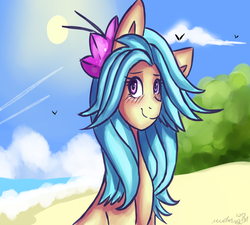Size: 1000x900 | Tagged: safe, artist:lovelyheartmlp, oc, oc only, oc:pacific sea marine, earth pony, pony, beach, blushing, bust, female, flower, flower in hair, looking at you, looking sideways, mare, portrait, smiling, solo