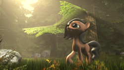 Size: 3840x2160 | Tagged: safe, artist:jeff556, oc, oc only, oc:cold gray, earth pony, pony, 3d, boulder, female, forest, grass, high res, mare, plants, rock, shadow, solo, source filmmaker, the sun is a deadly laser, tree, volumetric light