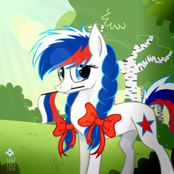 Size: 2000x2000 | Tagged: safe, artist:lol-katrina, oc, oc only, oc:marussia, earth pony, pony, birch tree, bow, braid, female, flag, hair bow, high res, mare, nation ponies, ponified, russia, scenery, solo, tree