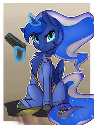Size: 1800x2400 | Tagged: safe, artist:captainpudgemuffin, princess luna, alicorn, pony, two best sisters play, g4, 10mm pistol, adorasexy, chest fluff, clothes, crossover, cute, fallout, fallout 4, female, glowing, glowing horn, gun, horn, jumpsuit, lunabetes, magic, mare, sexy, sitting, solo, telekinesis, vault suit, weapon