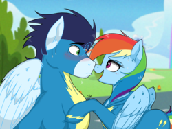 Size: 2048x1536 | Tagged: safe, artist:pimpartist101, rainbow dash, soarin', pegasus, pony, g4, blushing, clothes, cloud, female, looking at each other, male, mare, multicolored hair, ship:soarindash, shipping, sky, smiling, stallion, straight, sweat, uniform, wonderbolts, wonderbolts uniform