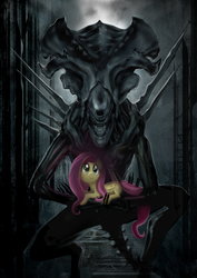 Size: 3508x4961 | Tagged: safe, artist:vombavr, fluttershy, alien, pegasus, pony, xenomorph, g4, absurd resolution, alien (franchise), crossover, holding a pony, smiling, xenomorph queen