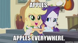 Size: 600x337 | Tagged: safe, edit, edited screencap, screencap, applejack, rarity, equestria girls, g4, player piano, apple, caption, female, image macro, meme, memeful.com, text, that pony sure does love apples, x x everywhere