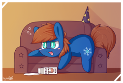 Size: 1728x1177 | Tagged: safe, artist:dsp2003, oc, oc only, oc:chillycube, earth pony, pony, blush sticker, blushing, couch, drunk, food, hat, male, milk, party hat, style emulation