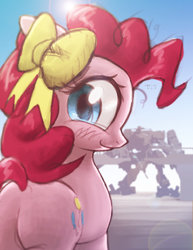 Size: 1600x2071 | Tagged: safe, artist:satv12, pinkie pie, earth pony, pony, g4, blushing, bow, butt, female, hair bow, looking back, mare, mech, plot, solo