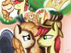 Size: 1024x768 | Tagged: safe, artist:theunconsistentone, bright mac, pear butter, earth pony, pony, g4, the perfect pear, blushing, cutie mark, drawing, female, flashback, guitar, hat, heart, kissing, looking at each other, male, rock, ship:brightbutter, shipping, signature, straight, tree