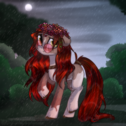 Size: 2000x2000 | Tagged: safe, artist:mp-printer, oc, oc only, earth pony, pony, female, floppy ears, flower, flower in hair, forest, glasses, high res, jewelry, mare, necklace, rain, scenery, solo, tail wrap, unshorn fetlocks