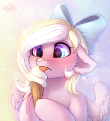 Size: 1050x1160 | Tagged: safe, artist:fenwaru, oc, oc only, oc:bay breeze, pegasus, pony, abstract background, blushing, bow, cheek fluff, commission, cute, ear fluff, eating, female, fluffy, food, gradient eyes, hair bow, hoof hold, ice cream, ice cream cone, licking, mare, ocbetes, shoulder fluff, solo, tongue out, ych result