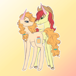 Size: 895x895 | Tagged: safe, artist:pndrws, bright mac, pear butter, earth pony, pony, g4, the perfect pear, cowboy hat, female, freckles, hat, looking at each other, male, mare, ship:brightbutter, simple background, smiling, stallion, stetson