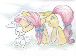 Size: 1024x753 | Tagged: safe, artist:grokostimpy, angel bunny, fluttershy, pony, g4, alternate hairstyle, cheek kiss, cute, kissing, ponytail, tail wrap, traditional art