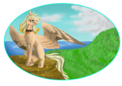 Size: 1024x724 | Tagged: safe, artist:oneiria-fylakas, oc, oc only, pegasus, pony, choker, female, mare, mountain, ocean, sitting, solo