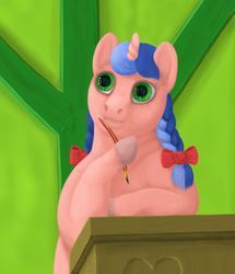 Size: 1182x1375 | Tagged: safe, artist:soobel, oc, oc only, oc:cloudie brilliant, pony, unicorn, cute, female, filly, nightmare fuel, pigtails, pink, quill, school, thinking