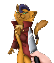 Size: 1287x1496 | Tagged: safe, artist:xchan, derpibooru exclusive, capper dapperpaws, abyssinian, cat, anthro, digitigrade anthro, g4, my little pony: the movie, :3, chest fluff, clothes, colored, knife, knife cat, male, ponified animal photo, simple background, solo, squint, transparent background