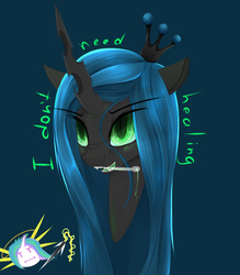 Size: 700x800 | Tagged: safe, artist:chapaevv, princess celestia, queen chrysalis, alicorn, changeling, changeling queen, pony, g4, :i, bust, crossover, cute, cutealis, female, i need healing, mare, mercy, mercylestia, overwatch, portrait, quadrupedal, simple background