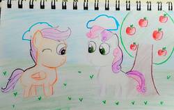 Size: 1274x805 | Tagged: safe, artist:sumi-mlp25, scootaloo, sweetie belle, pegasus, pony, unicorn, g4, apple tree, duo, female, filly, grass, one eye closed, smiling, traditional art, tree, wink