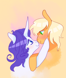 Size: 1865x2201 | Tagged: safe, artist:mazuuur, applejack, rarity, earth pony, pony, unicorn, g4, blushing, boop, duo, female, lesbian, looking at each other, noseboop, ship:rarijack, shipping, simple background