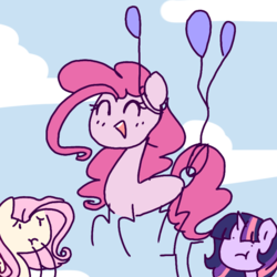 Size: 768x768 | Tagged: safe, artist:windymils, fluttershy, pinkie pie, twilight sparkle, earth pony, pegasus, pony, unicorn, g4, :t, balloon, cloud, doodle, eyes closed, female, floating, mare, smiling, then watch her balloons lift her up to the sky, trio