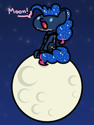Size: 1350x1800 | Tagged: safe, artist:flutterluv, pinkie pie, princess luna, earth pony, pony, series:flutterluv's full moon, g4, disguise, female, full moon, impersonating, moon, paint, sitting, sitting on the moon, smiling, solo, tangible heavenly object