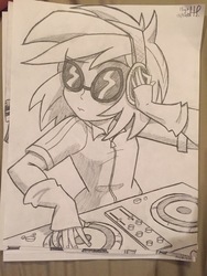 Size: 2448x3264 | Tagged: safe, artist:lablelesswaterlily, dj pon-3, vinyl scratch, equestria girls, g4, clothes, female, fingerless gloves, glasses, gloves, headphones, high res, sketch, solo, traditional art, turntable