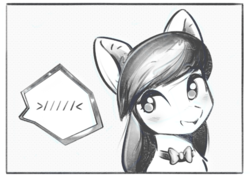 Size: 860x625 | Tagged: safe, artist:mirroredsea, octavia melody, earth pony, pony, g4, blushing, bowtie, bust, cute, female, looking sideways, mare, monochrome, no pupils, open mouth, portrait, simple background, smiling, solo, speech bubble, white background