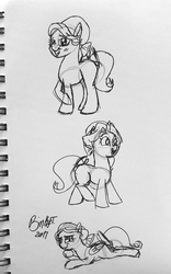 Size: 1830x2932 | Tagged: safe, artist:binkyt11, derpibooru exclusive, dear darling, fond feather, swoon song, earth pony, pegasus, pony, unicorn, g4, bimbettes, blushing, female, mare, monochrome, prone, signature, smiling, smirk, traditional art