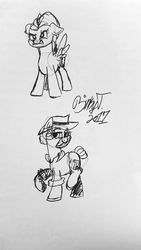 Size: 1836x3264 | Tagged: safe, artist:binkyt11, derpibooru exclusive, buried treasure, lightning dust, earth pony, pegasus, pony, g4, angry, female, mare, monochrome, no catchlights, signature, spread wings, traditional art, wings