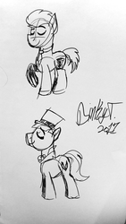Size: 1836x3264 | Tagged: safe, artist:binkyt11, derpibooru exclusive, caesar, count caesar, doctor whooves, time turner, earth pony, pony, g4, monochrome, necktie, signature, traditional art