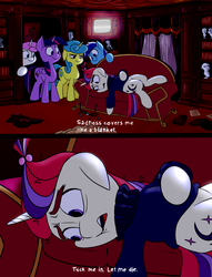 Size: 2000x2615 | Tagged: safe, artist:anontheanon, lemon hearts, minuette, moondancer, twilight sparkle, twinkleshine, alicorn, pony, unicorn, amending fences, g4, book, broken glasses, clothes, colored, couch, crossover, depressed, depression, dialogue, drawthread, emo, floppy ears, glasses, high res, kahn souphanousinphone, king of the hill, library, lying down, meme, on back, open mouth, paper, sad, statues, sweater, television, twilight sparkle (alicorn), unamused